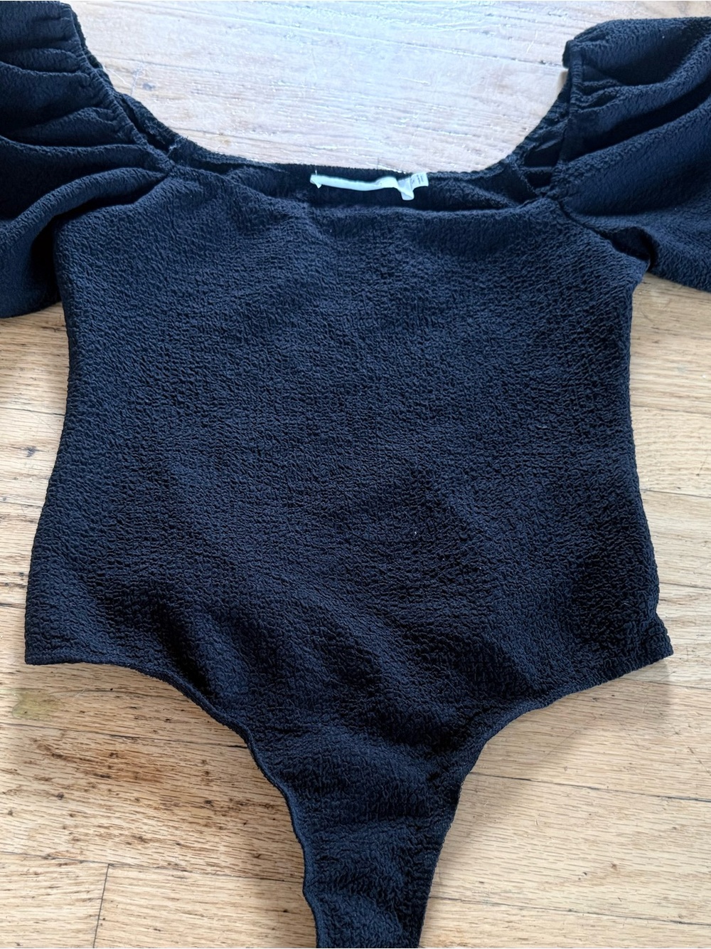 Astr Black Textured Puff-Sleeve Bodysuit